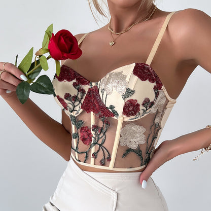 Women's Vest Retro Net Yarn Flowers Embroidered Vest