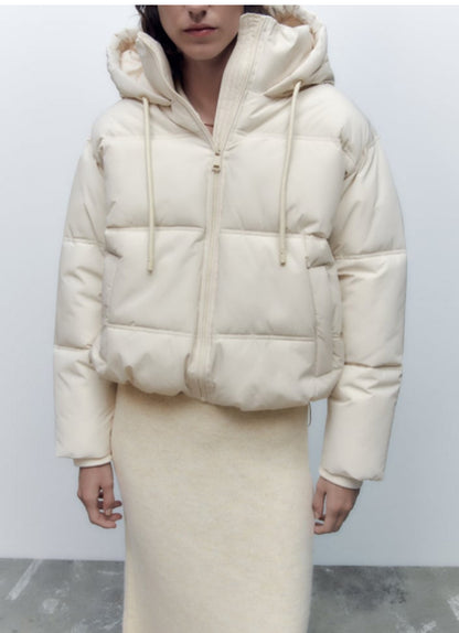 Women's Fashion Zipper Closed Hem Elastic Buckle Decorative Hooded Cotton Jacket