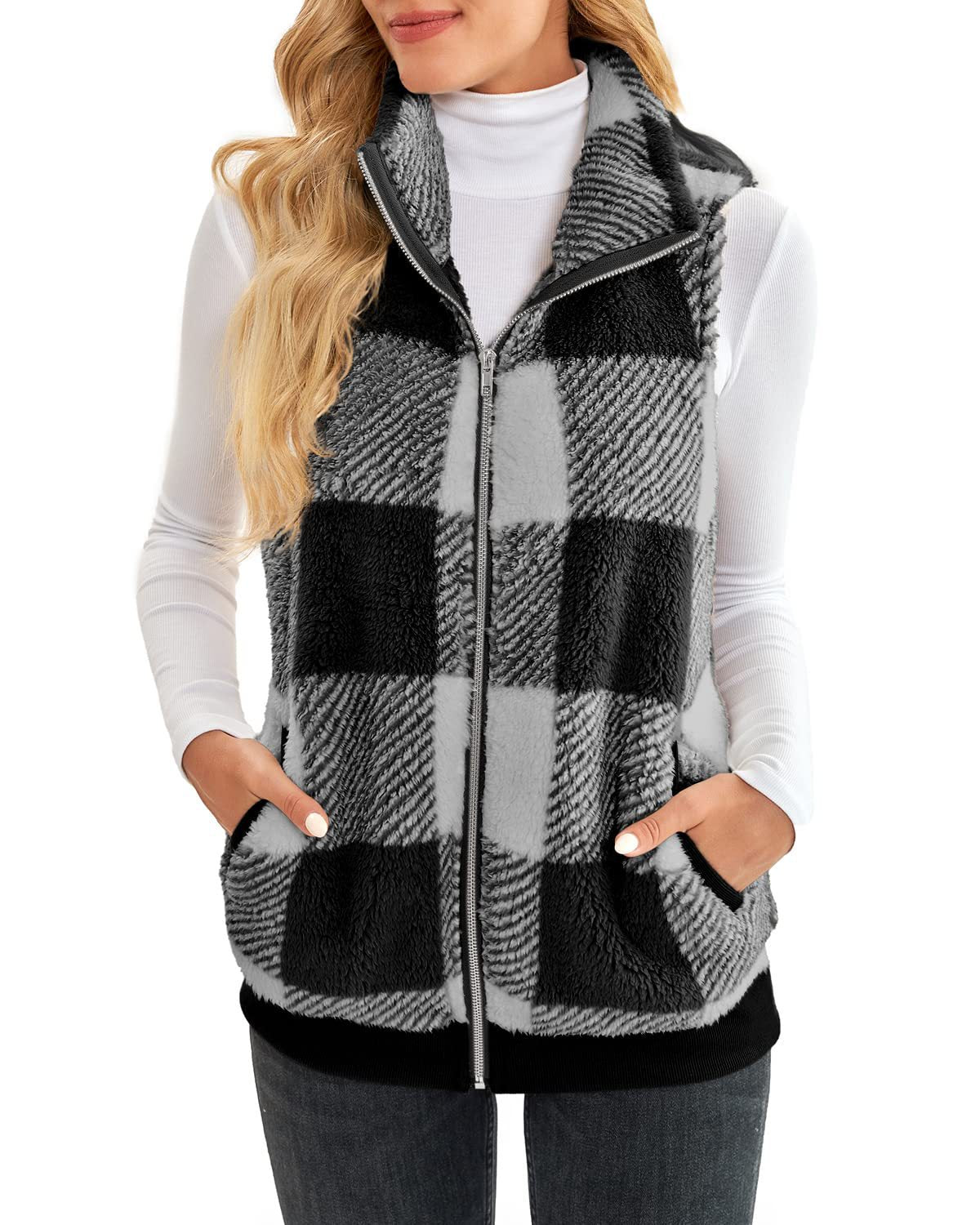 Thick Checks Double-sided Velvet Cardigan Vest Stand Collar Sleeveless Coat