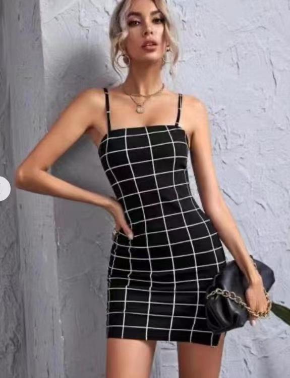 Retro Plaid Spaghetti Strap Bodycon Mini Dress.