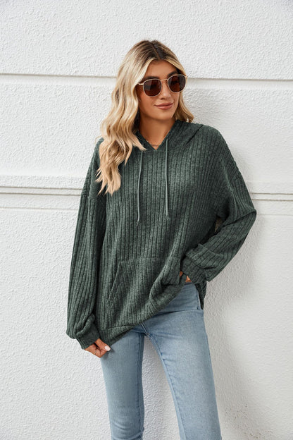 Knitted Sweater With Hooded Pit Stripe Kangaroo Pocket Sweater