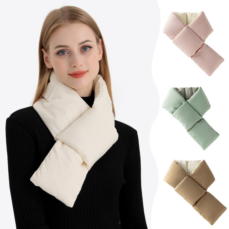 Warm Cross-design Pocket Scarf For Women Winter Outdoor Sports Skiing Cold-proof Down Cotton Plus Velvet Short Scarf