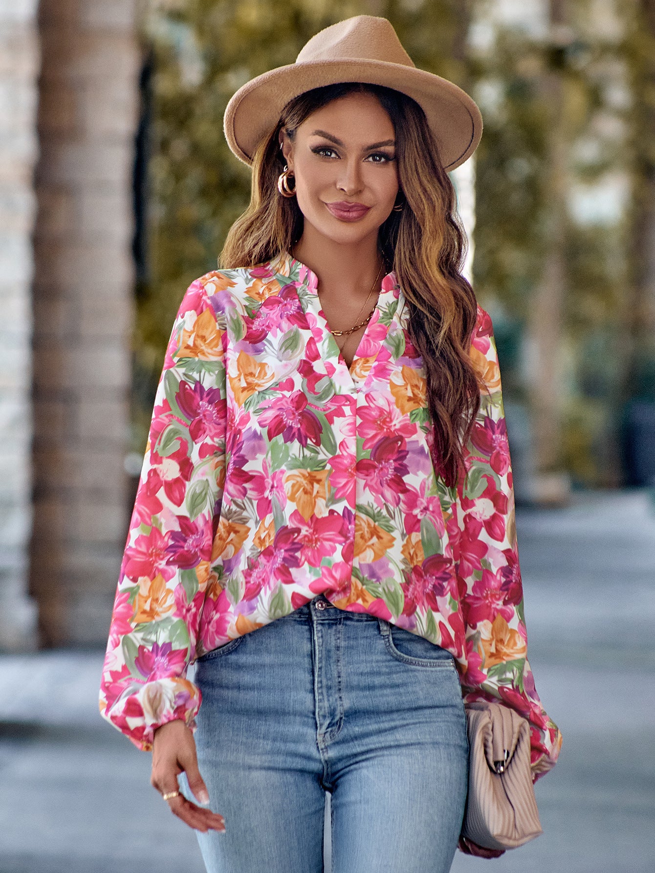 V-neck Fashion Printed Long Sleeve Slim-fit Top