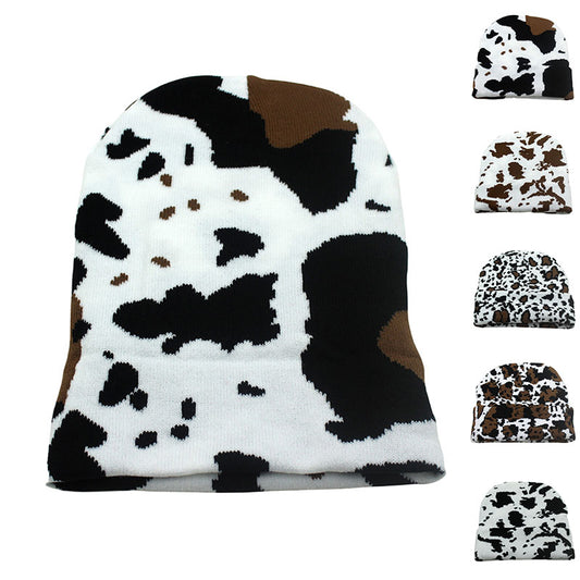 Winter Warm Cow Pattern Knitted Hat For Men And Women Curled Edge Woolen Hat