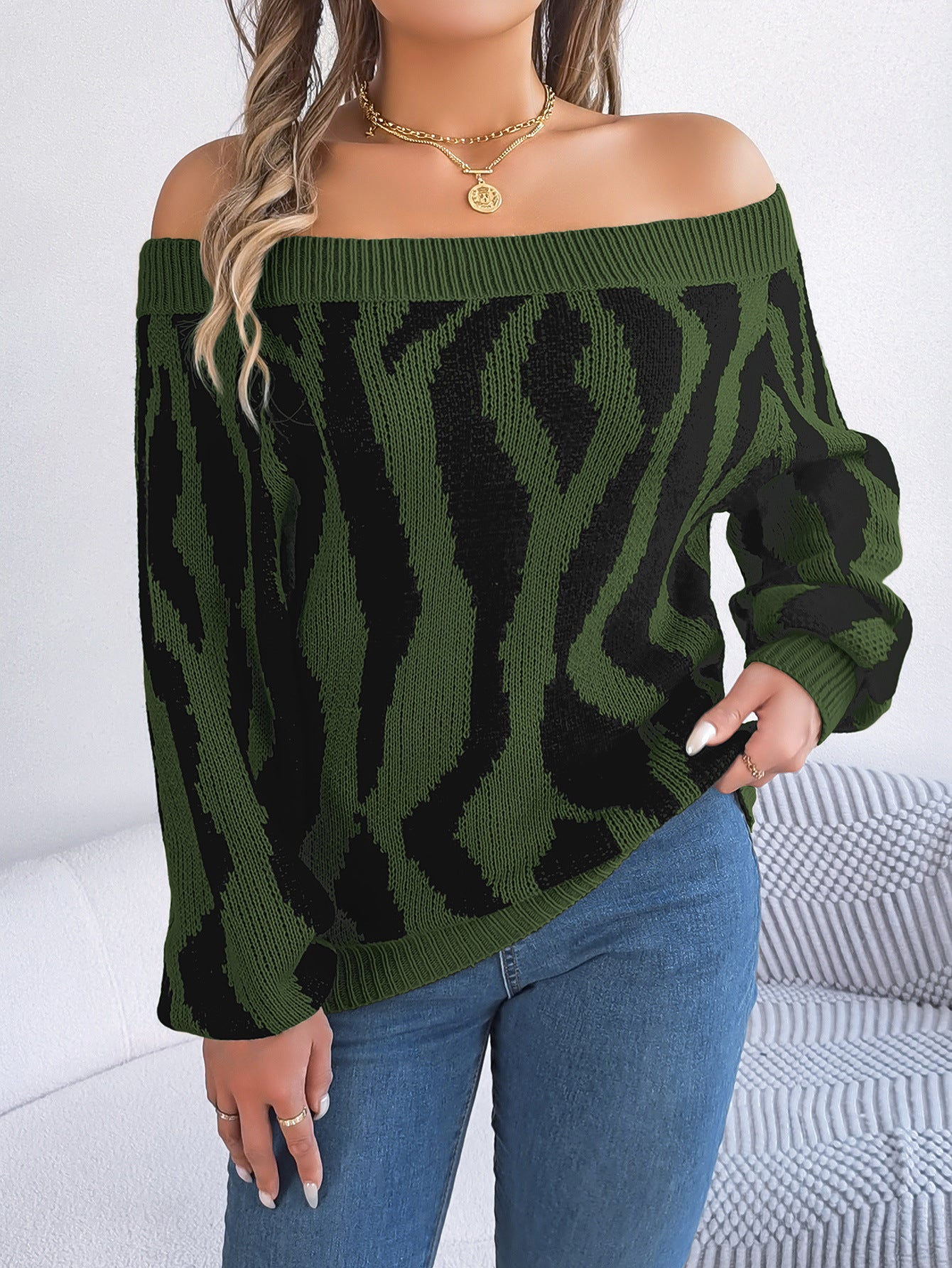 Off-neck Off-the-shoulder Lantern Sleeve Sweater