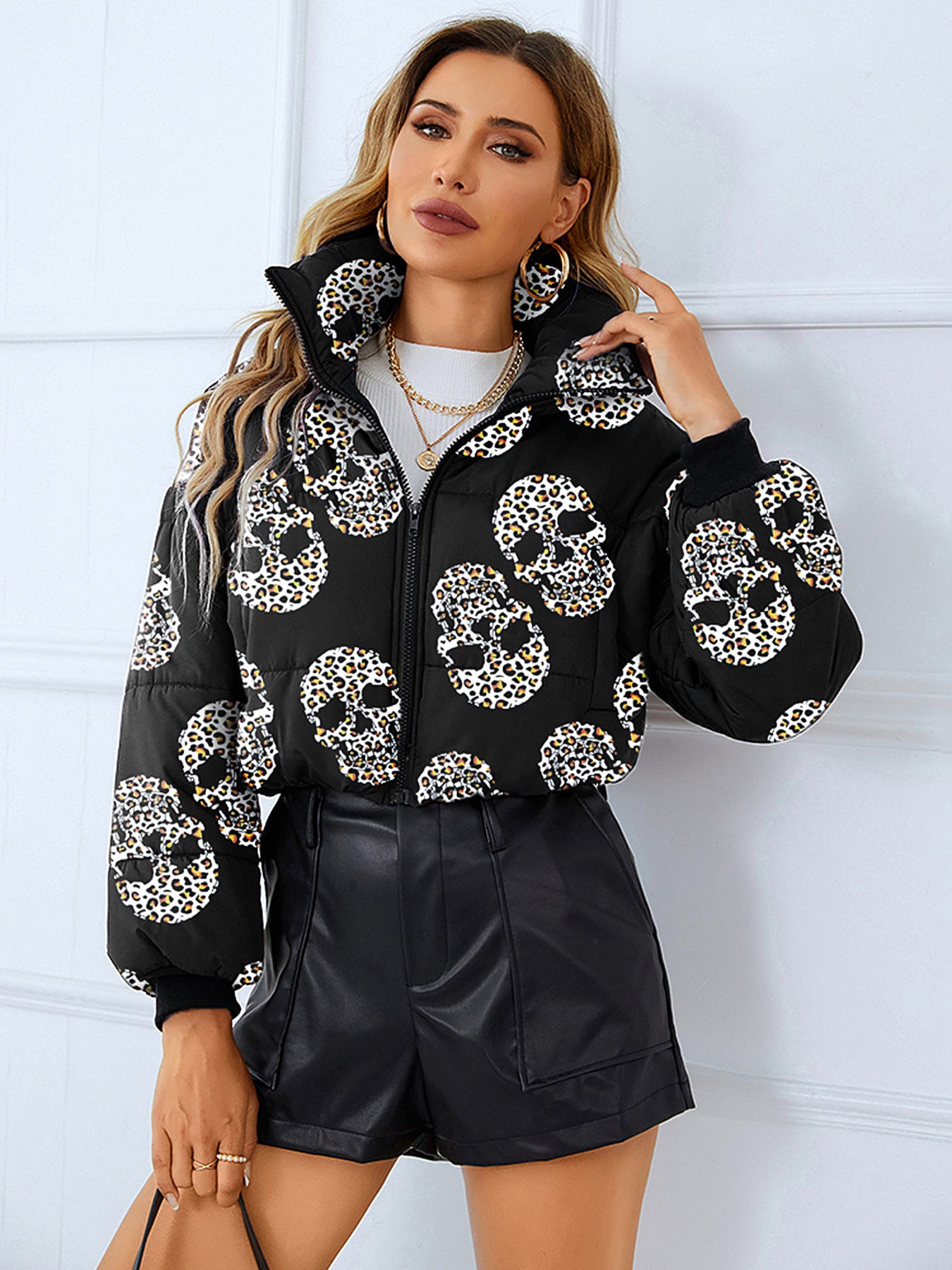 Fashion Bread Coat Women Print Stand Collar Short Coat Winter Jacket