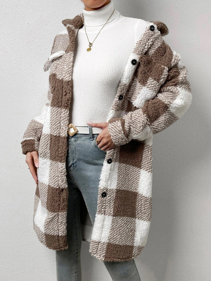 Plush Plaid Button Coat