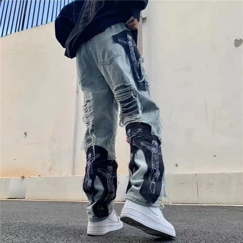 Fashion Ripped Pants Men Worn-out Wide-leg Trousers