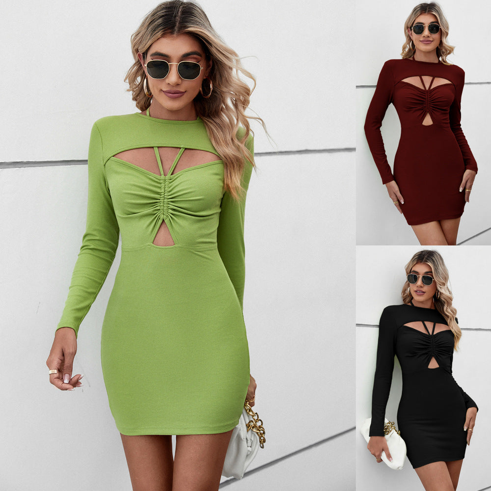 Halter Hollow Bag Short Long Sleeve Dress