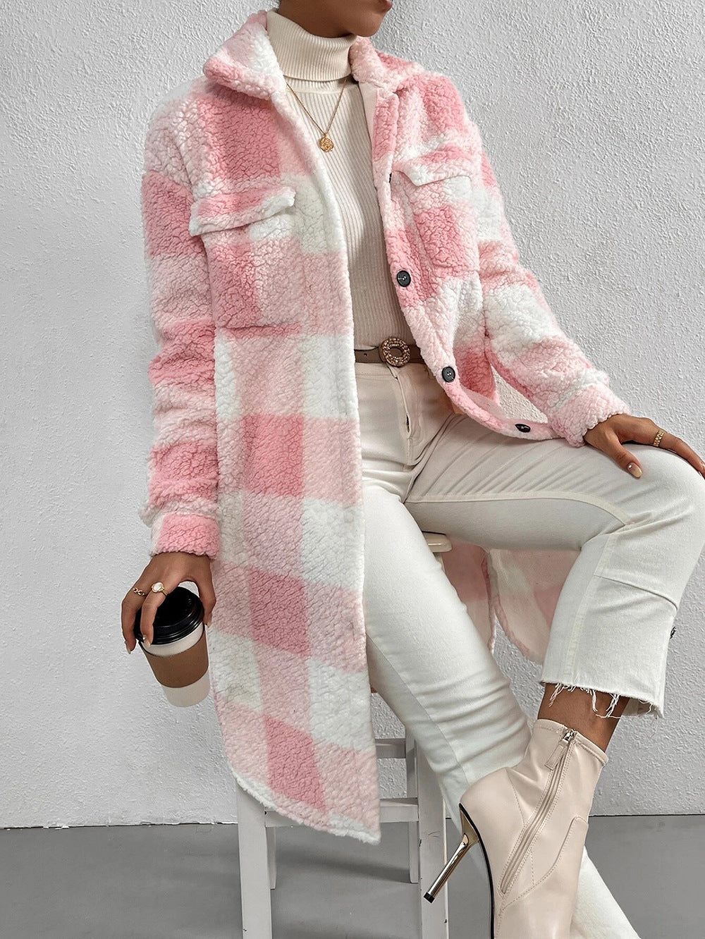 Plush Plaid Button Coat