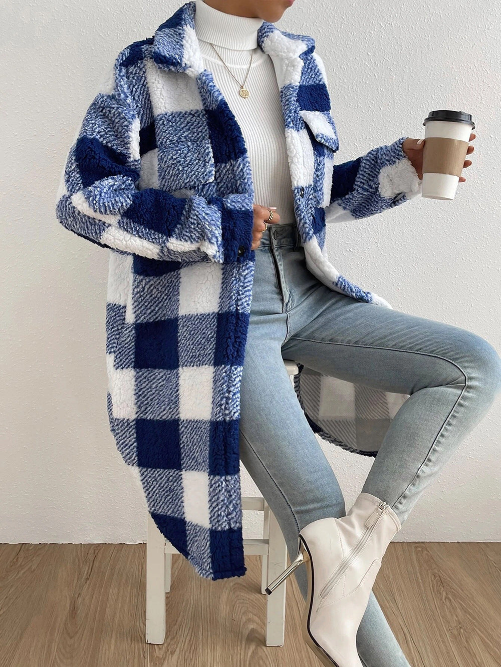 Plush Plaid Button Coat