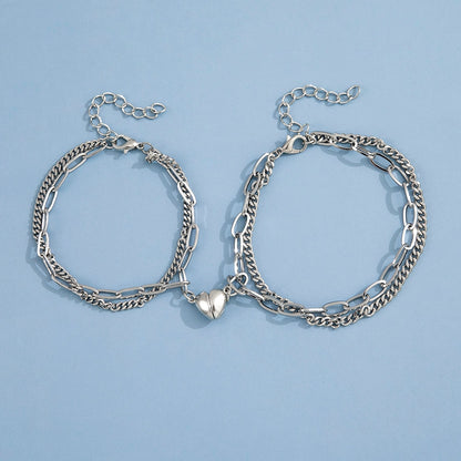 Punk Couple Bracelet Set - Magnetic Silver Chains