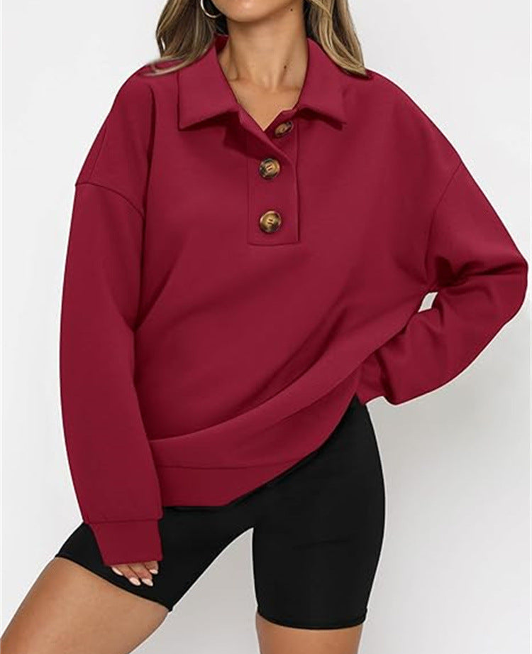 Solid Color Polo Collar Loose Long Sleeve Sweatershirt