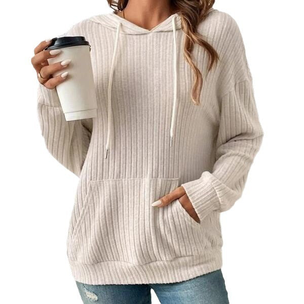 Women's Knitwear Hooded Sunken Stripe Kangaroo Pocket Sweatshirt