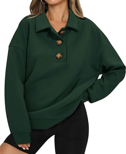 Solid Color Polo Collar Loose Long Sleeve Sweatershirt