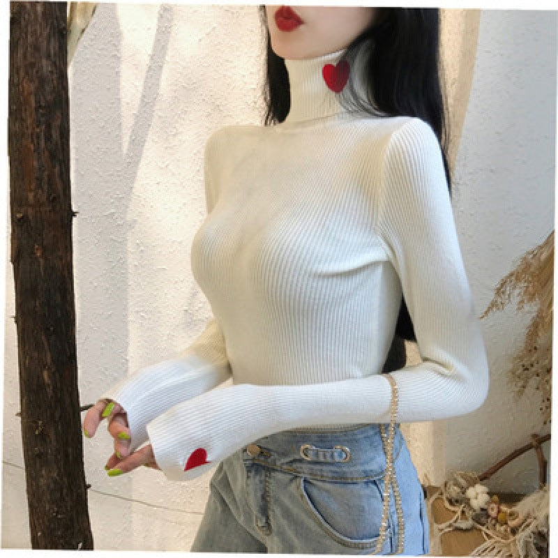 Women's Love Embroidered Turtleneck Sweater Pullover