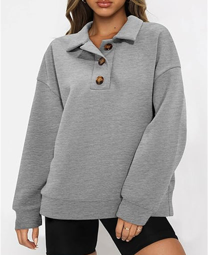 Solid Color Polo Collar Loose Long Sleeve Sweatershirt