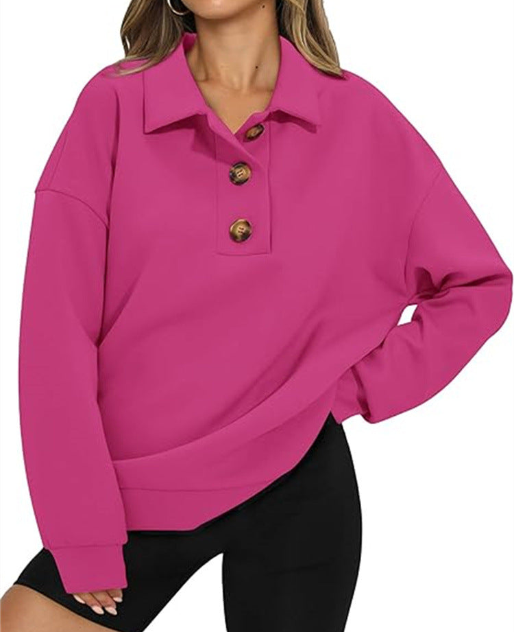 Solid Color Polo Collar Loose Long Sleeve Sweatershirt