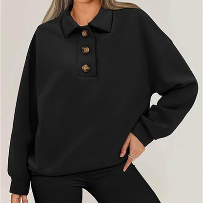 Solid Color Polo Collar Loose Long Sleeve Sweatershirt