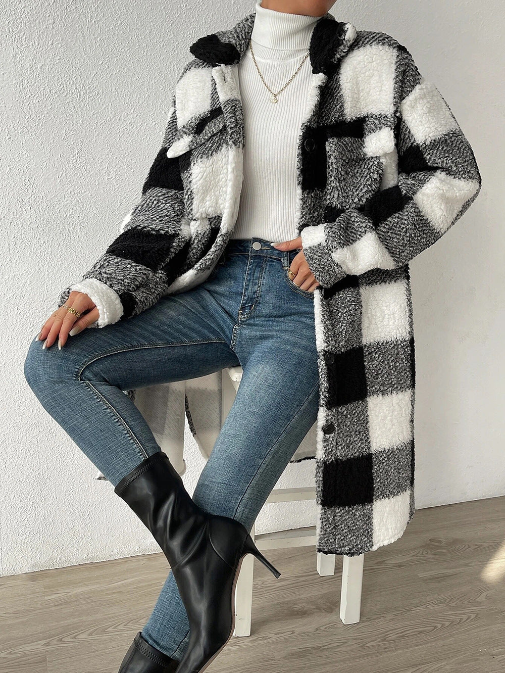 Plush Plaid Button Coat