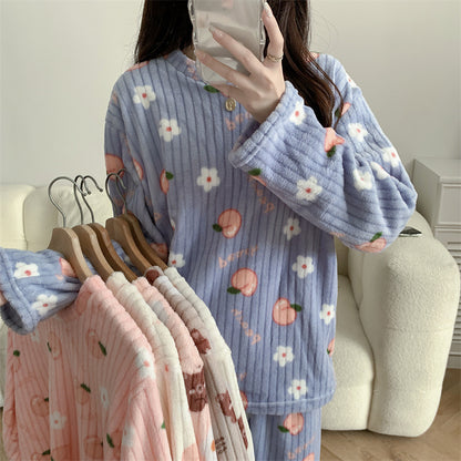 Women's Pajamas Autumn Winter Warm Pyjamas Sets Thick Coral Long Sleeve Cute Cartoon Bear Sleepwear Home Nightclothes