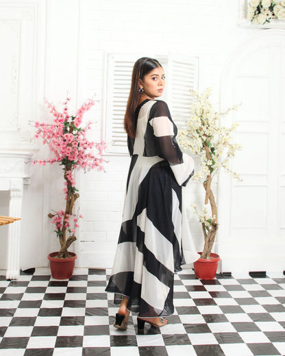 Black and White Chiffon High-Low Frock