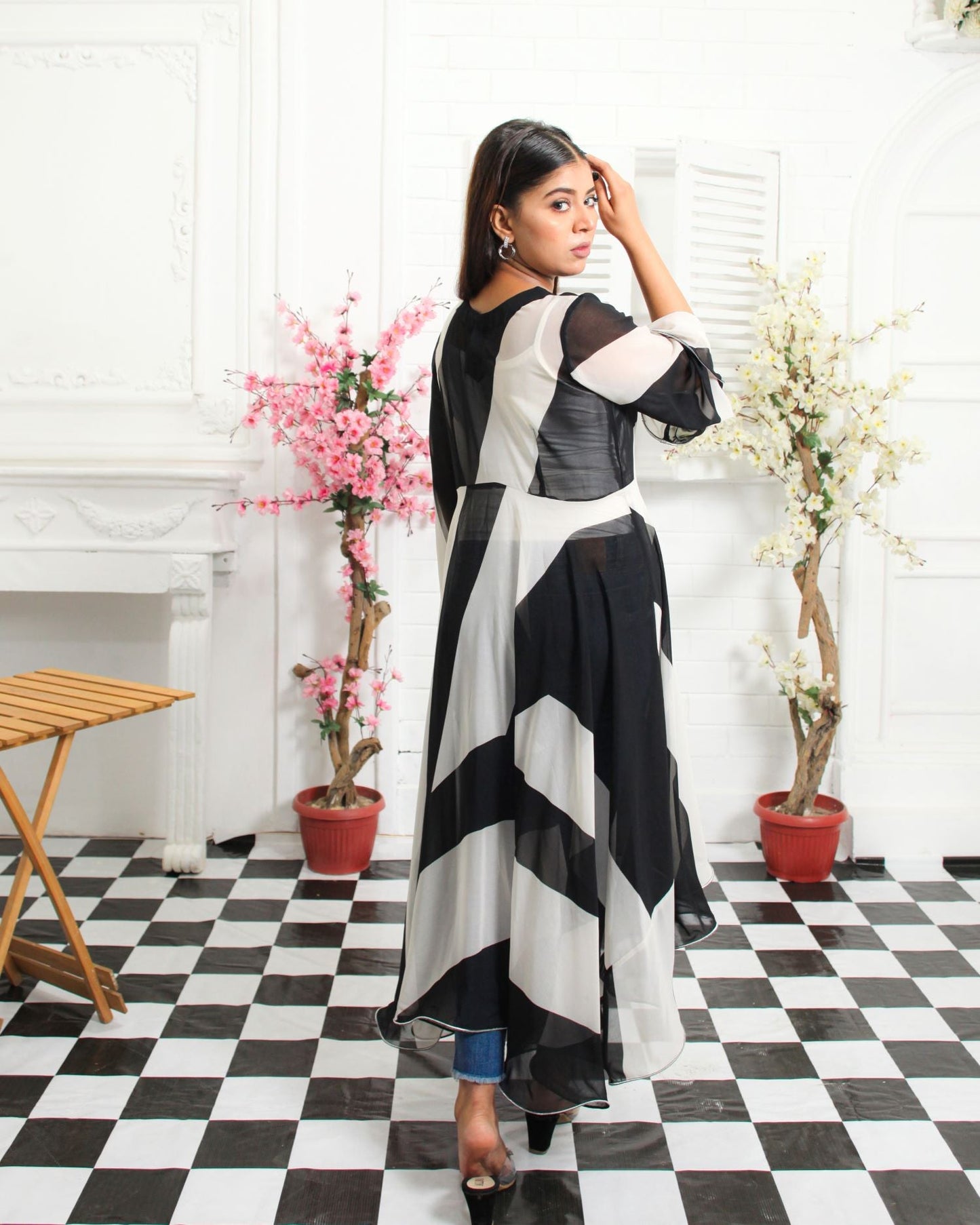 Black and White Chiffon High-Low Frock